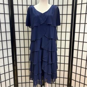 PATRA Blue Chiffon Beaded Tiered Flutter Formal Midi Cocktail Evening Gown Sz 16